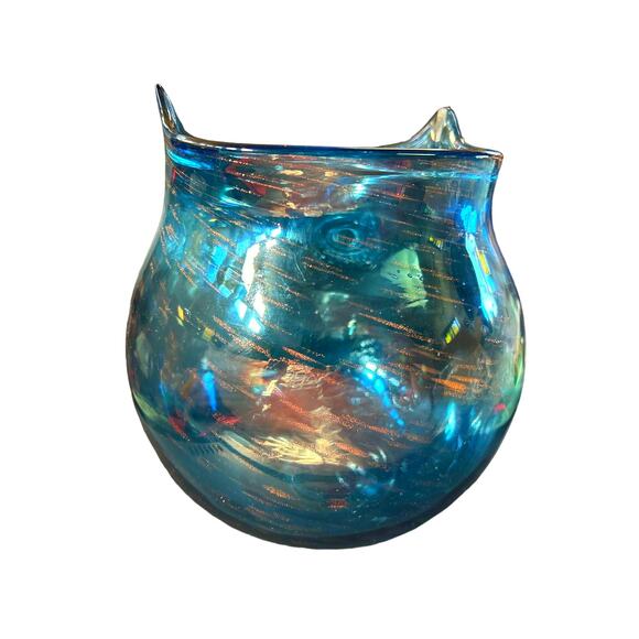 Large Blue and Gold Fleck Owl Glass Vase Handmade Art Glass - Picture 4 of 8